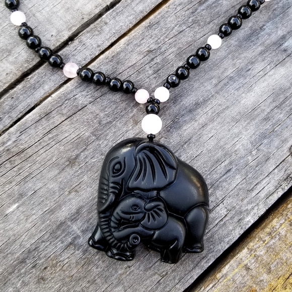 handmade Jewelry - Large Black Obsidian Elephant Necklace Mom Baby Elephants Jewelry